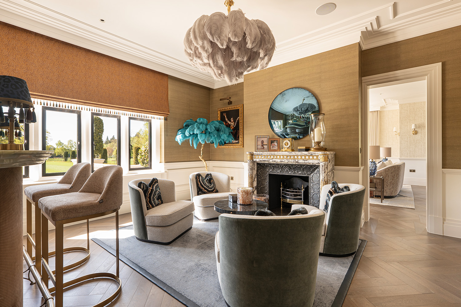 Multiple Fireplaces with Cambridge Limestone, Bespoke Marble & Restored French Antique Mantels, Featuring Inset Wood Burning & Gas Fires